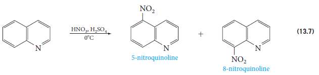 Explain why nitration of quinoline (eq. 13.7) occurs mainly at