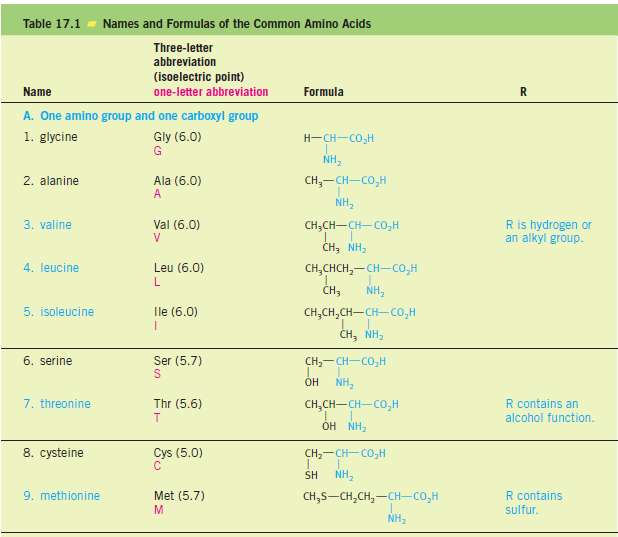 Which amino acids in Table 17.1 have nonpolar R groups?