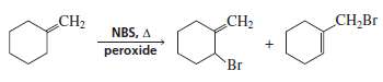 Two products are formed when methylenecyclohexane reacts with NBS. Explain
