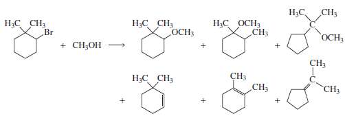 Three substitution products and three elimination products are obtained from