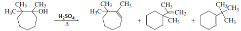 When the following seven-membered ring alcohol is dehydrated, three alkenes