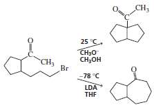 Explain why the following bromoketone forms different bicyclic compounds under