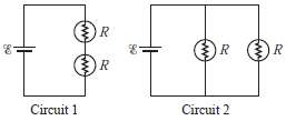 Two circuits are constructed using identical, ideal batteries (emf =