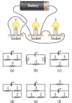 Three identical light bulbs are connected with wires to an