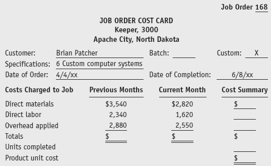 Complete the following job order cost card: