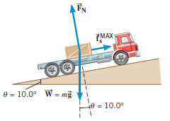 A flatbed truck is carrying a crate up a hill