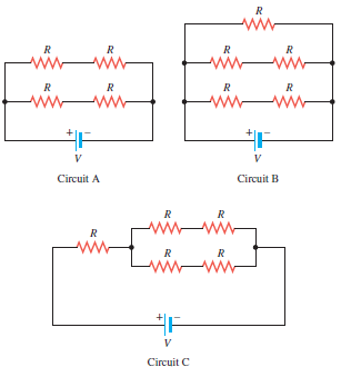 Each resistor in the three circuits in the drawing has