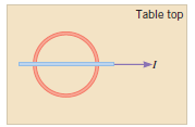 A circular loop of wire rests on a table. A