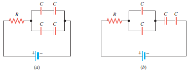 Four identical capacitors are connected with a resistor in two