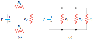 The drawing shows three different resistors in two different circuits.