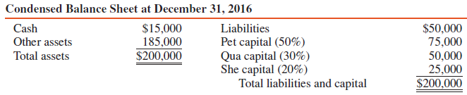 A condensed balance sheet for the Pet, Qua, and She