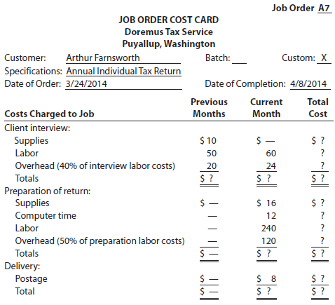 Complete the following job order cost card for an individual