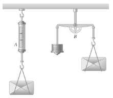 A spring scale A and a lever scale B having