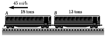 A light train made of two cars travels at 45