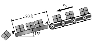 Boxes are transported by a conveyor belt with a velocity