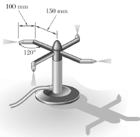 A garden sprinkler has four rotating arms, each of which