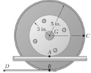 A 3-in.-radius drum is rigidly attached to a 5-in.-radius drum