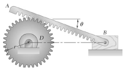 A straight rack rests on a gear of radius r