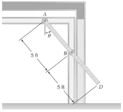 An overhead door is guided by wheels at A and