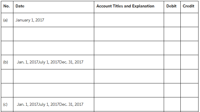 No. Date Account Titles and Explanation Debit Credit January 1, 2017 (a) Jan. 1, 2017July 1, 2017Dec. 31, 2017 (b) Jan. 