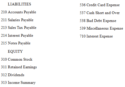 LIABILITIES 536 Credit Card Expense 210 Accounts Payable 537 Cash Short and Over 211 Salaries Payable 538 Bad Debt Expen