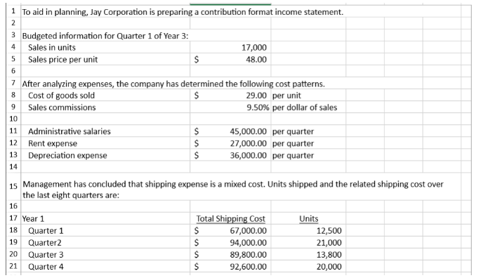 1 To aid in planning, Jay Corporation is preparing a contribution format income statement. 3 Budgeted information for Qu