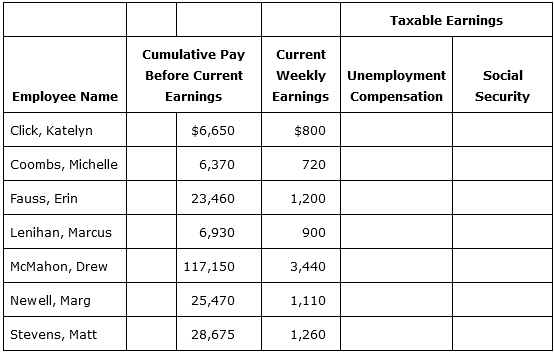 Taxable Earnings Cumulative Pay Current Weekly Before Current Unemployment Social Security Employee Name Earnings Earnin