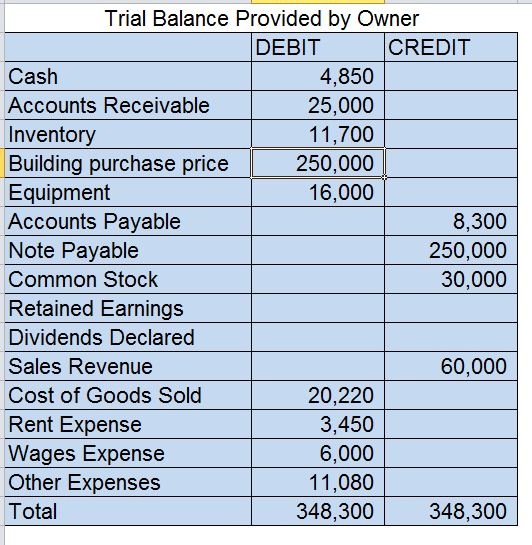 Trial Balance Provided by Owner CREDIT DEBIT Cash 4,850 Accounts Receivable 25,000 11,700 Inventory Building purchase pr