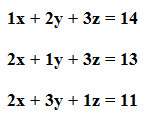 1x + 2y + 3z = 14 2x + ly + 3z = 13 2х + 3у + 1z %%3D 11 