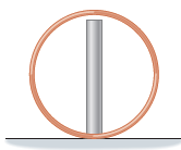 A copper ring stands on edge with a metal rod