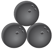 Three bowling balls form an equilateral triangle, as shown in