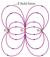 The electric field lines surrounding three charges are shown in