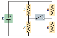 Four identical resistors are connected to a battery as shown