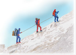Three mountain climbers who are roped together in a line