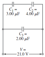 C2 = C = 3.00 μF 4.00 μF C3 = 2.00 μF -21.0 V- 