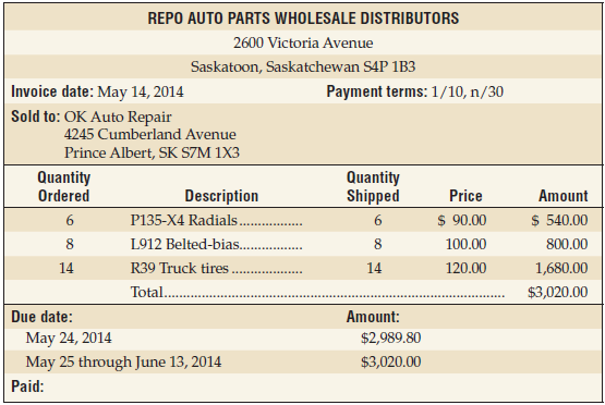 REPO AUTO PARTS WHOLESALE DISTRIBUTORS 2600 Victoria Avenue Saskatoon, Saskatchewan S4P 1B3 Invoice date: May 14, 2014 P