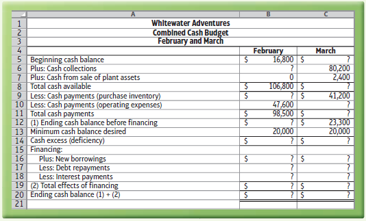 Whitewater Adventures Combined Cash Budget February and March February 16,800 S March 4 5 Beginning cash balance Plus: C