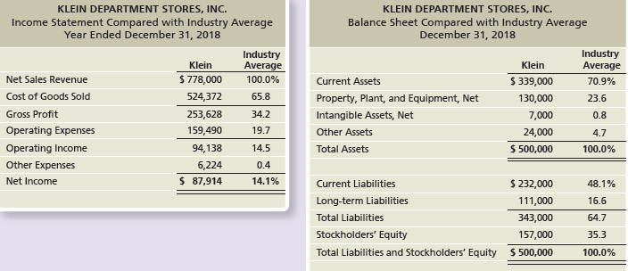 KLEIN DEPARTMENT STORES, INC. Balance Sheet Compared with Industry Average December 31, 2018 KLEIN DEPARTMENT STORES, IN