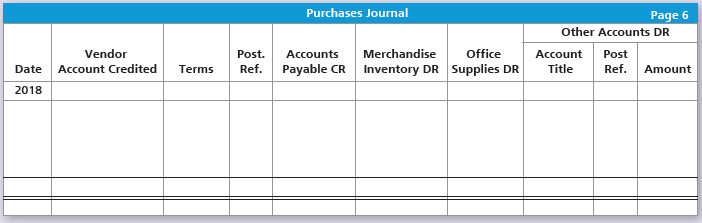 Purchases Journal Page 6 Other Accounts DR Merchandise Office Vendor Post Post. Accounts Account Date Account Credited T
