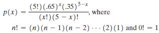 (5!)(.65)*(.35)5–x (x!)(5 – x)! p(x) = where – 2) · . · (2)(1) and 0! n! = (n) (n – 1)(n 
