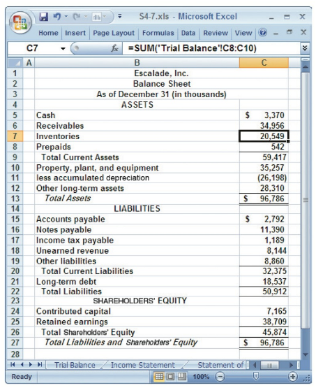$4-7.xls - Microsoft Excel Home Insert Page Layout Formulas Data Review View e C7 f =SUM('Trial Balance'!C8:C10) B Escal