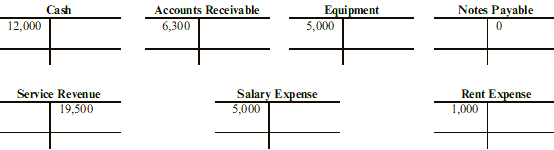 Notes Payable Equi pment 5,000 Accounts Receivable 6,300 Cash 12,000 Salary Expense 5,000 Rent Expense 1,000 Service Rev