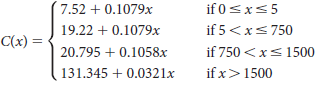 if 0Sx<5 if 5<x<750 if 750 <x< 1500 if x>1500 7.52 + 0.1079x 19.22 + 0.1079x C(x) = 20.795 + 0.1058x 131.345 + 0.0321x 