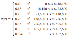 0.10 if 0<x< 18,150 0.15 if 18,150 <x<73,800 0.25 if 73,800 <xs148,850 R(x) = { 0.28 if 148,850 <x<226,850 0.33 if 226,8