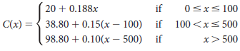 20 + 0.188x 38.80 + 0.15(x – 100) 98.80 + 0.10(x – 500) 0<x< 100 if 100 <x< 500 if if x> 500 