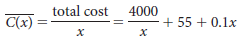total cost C(x) = 4000 + 55 + 0.1x %3D х 