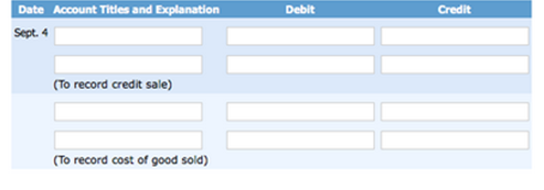 Date Account Titles and Explanation Sept. 4 Debit Credit (To record credit sale) (To record cost of good sold) 