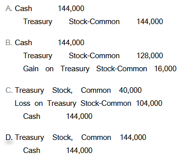 A. Cash 144,000 Treasury Stock-Common 144,000 B. Cash 144,000 128,000 Treasury Stock-Common Gain on Treasury Stock-Commo