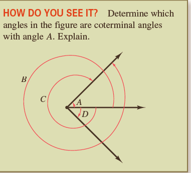 HOW DO YOU SEE IT? Determine which angles in the figure are coterminal angles with angle A. Explain. 