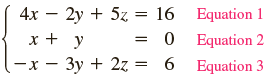 4x – 2y + 5z = 16 Equation 1 0 Equation 2 6 Equation 3 %3D x + y -x - 3y + 2z = 
